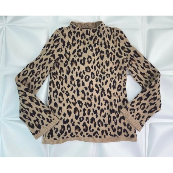 Ann Taylor Womens XS Leopard Print Wool Blend Mock Neck Knit Sweater Brown - Picture 4 of 13